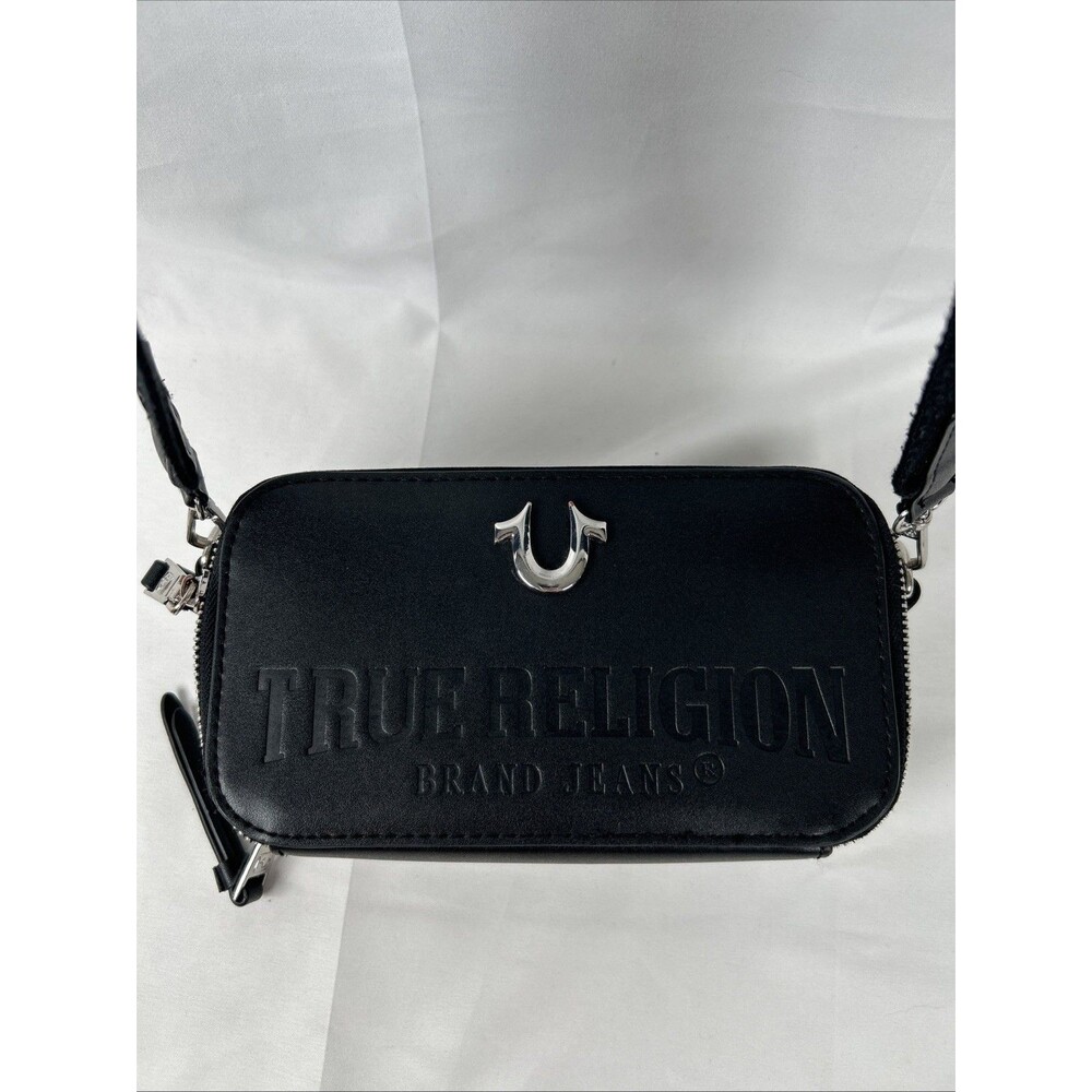 True Religion Designer Black Small Crossbody Bag Zip Closure Horseshoe Rectangle
